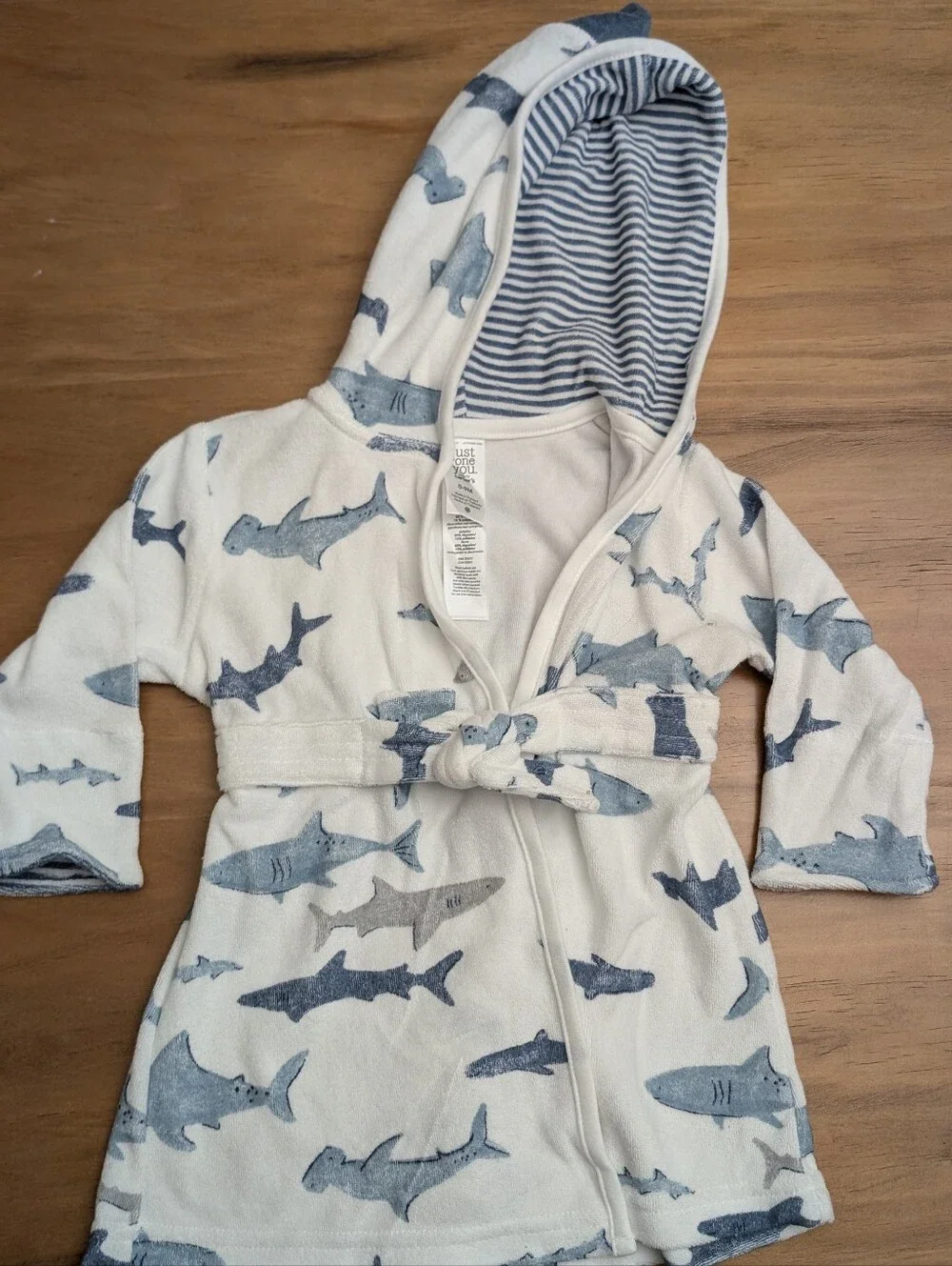 0-9 M Baby Hooded Bathrobe - Blue & White Shark Plush Robe w/ Tie Waist